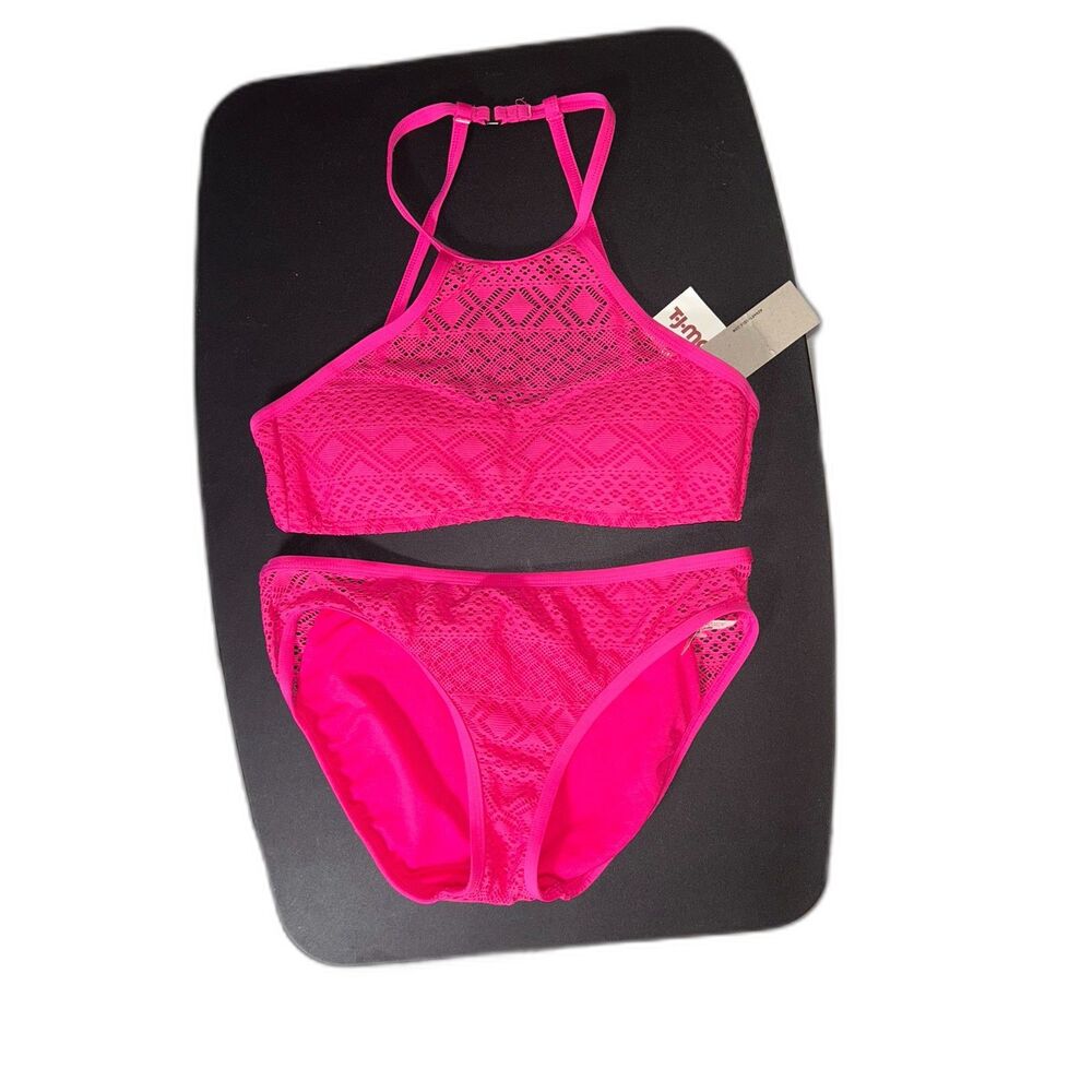 NWT Reaction Kenneth Cole Hot Pink Lace Bikini Set S Racerback Padded